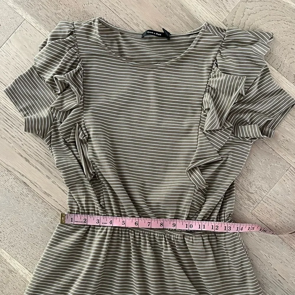 Doe & Rae Striped Ruffle Sleeve Mini Dress Tan White Short Sleeve Pockets S